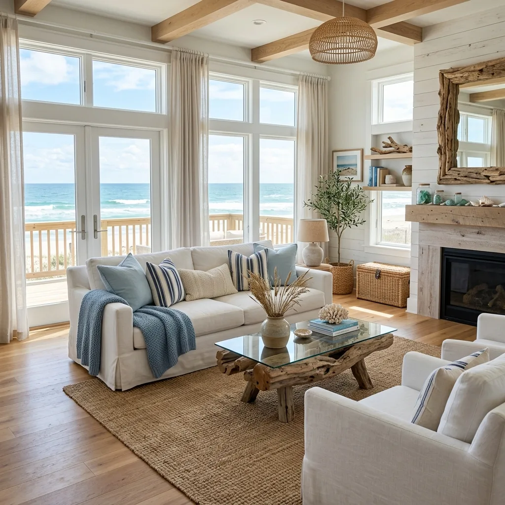 Bright coastal living room with white sofa and blue accents